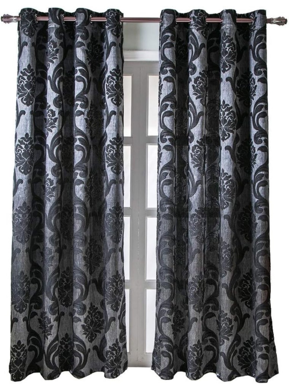 Set of (4) Gothic Elegant Black Damask Grommet Window Blackout Curtains